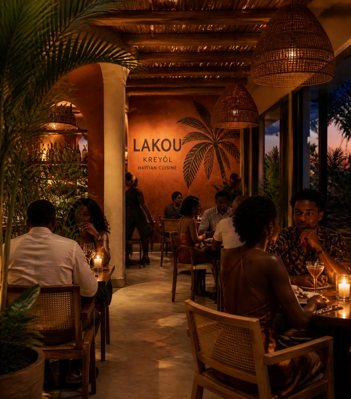 Interior of Divine Creole Restaurant at dusk, warm lighting and terracotta walls